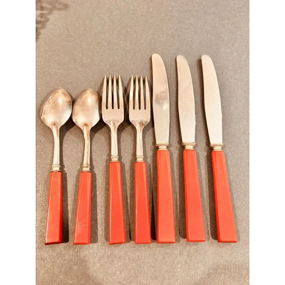 Vintage Red Bakelite Art Deco Flatware Silverware Stainless USA 7 Pcs Set